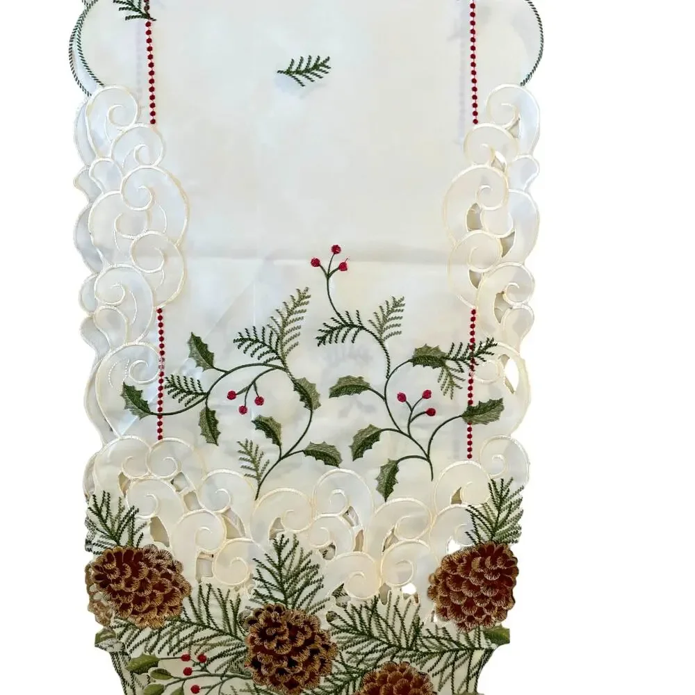 Ridgefield Home Embroidered Christmas Table Runner 14x72 Pine Cones Holly Berry